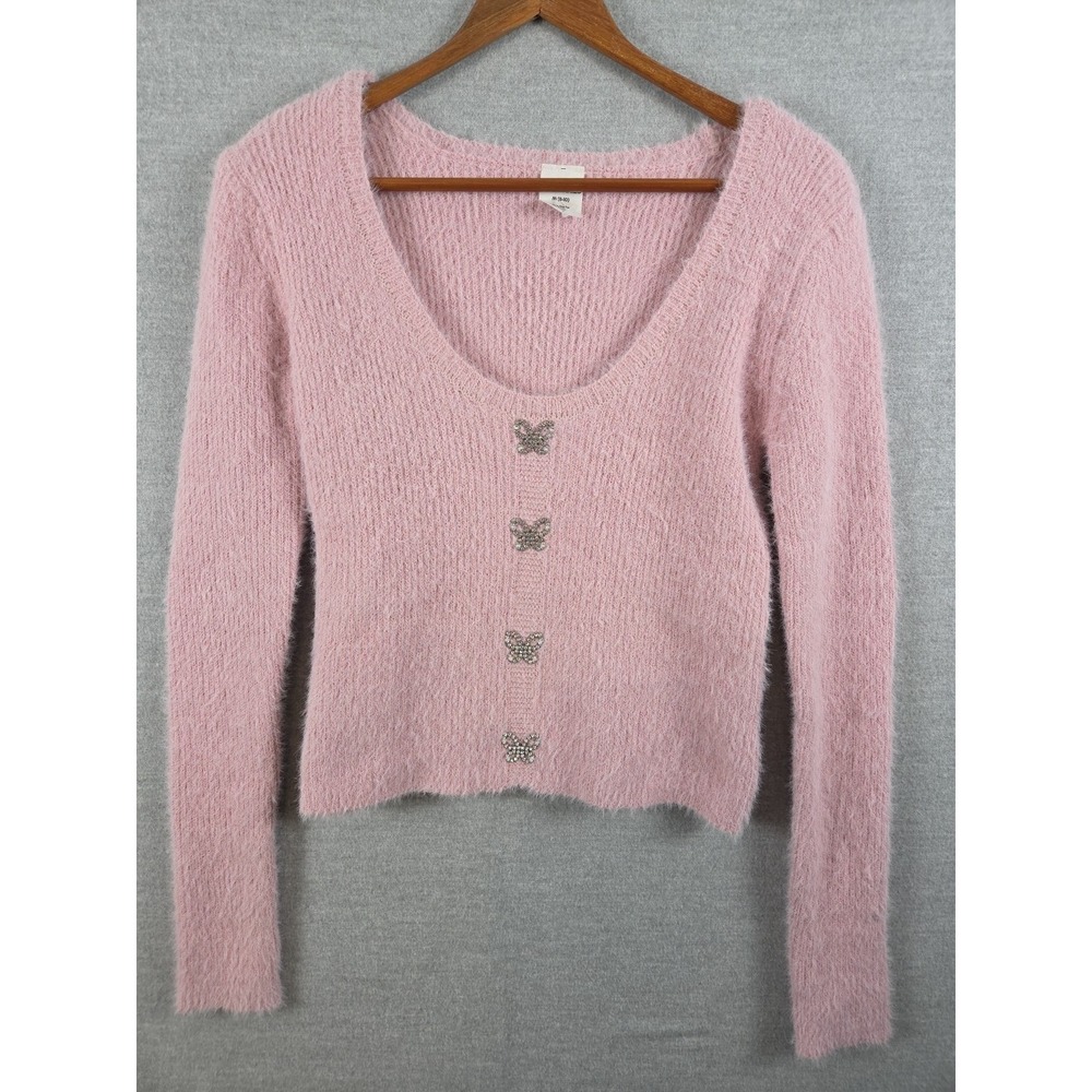 No Boundaries Rhinestone Butterfly M Sweater Fuzzy Baby Pink Fairy Coquette Y2K